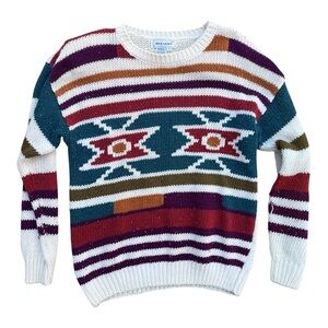 VTG J.J. Fargo Multicolor Geometric Print Knit Sweater Size L Stain On Sleeve